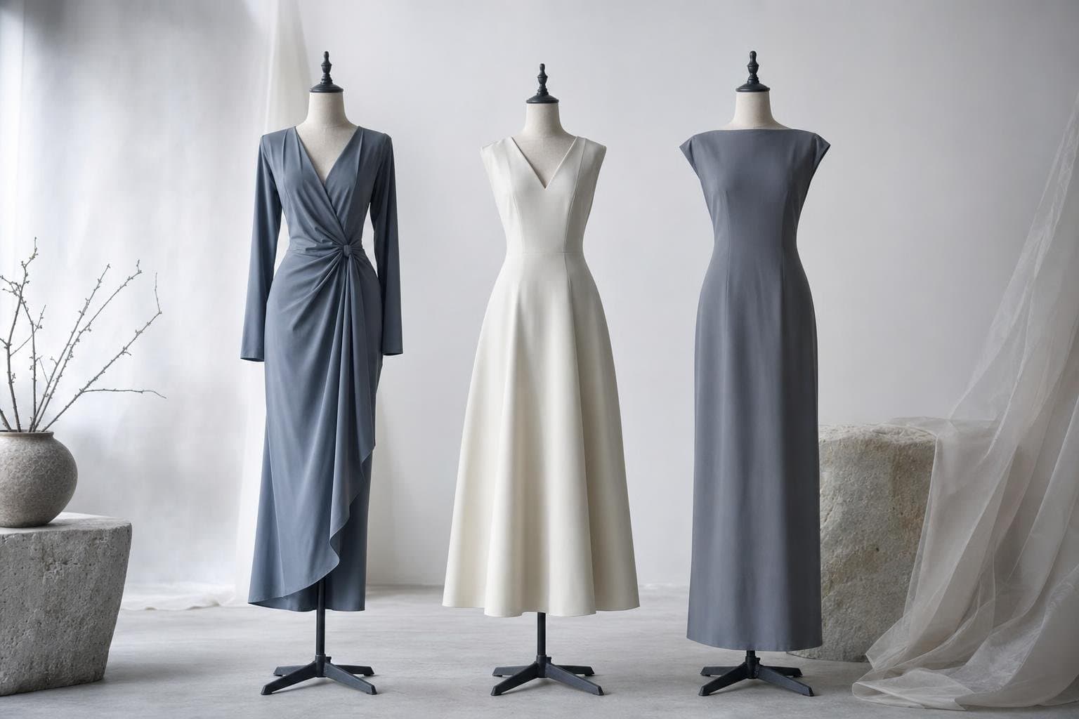 Three dressmaker's mannequins wearing dresses in different silhouettes — wrap, A-line and straight column — in muted cool tones