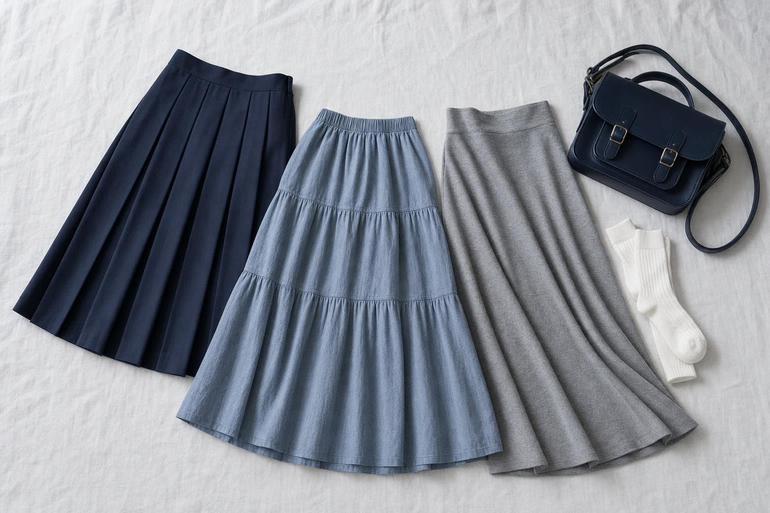 Flat lay of three longer-length girls' skirts in navy, dusty blue and grey with white socks and a navy satchel