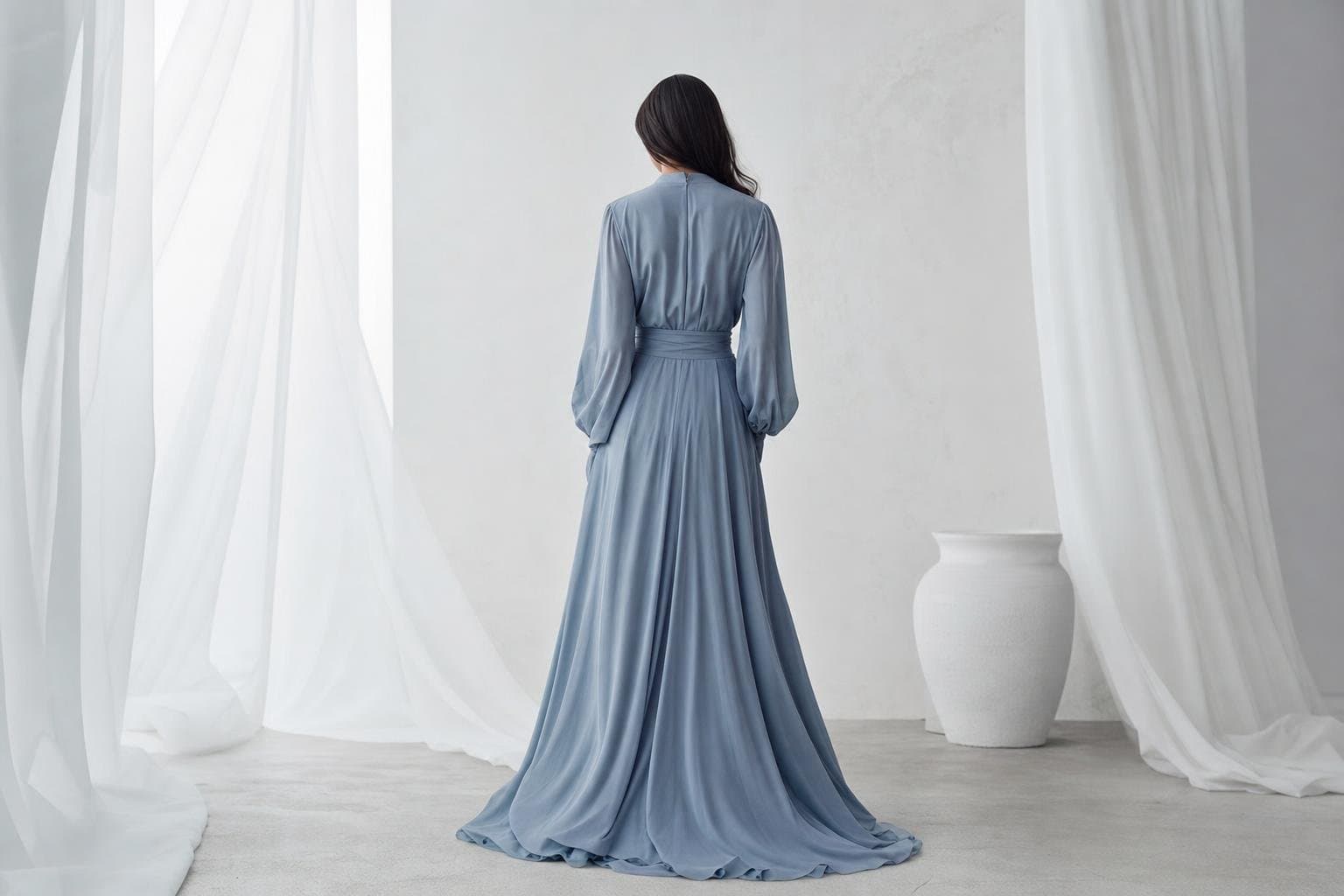 A woman seen from behind in a flowing dusty-blue long-sleeved maxi dress in a bright minimal studio