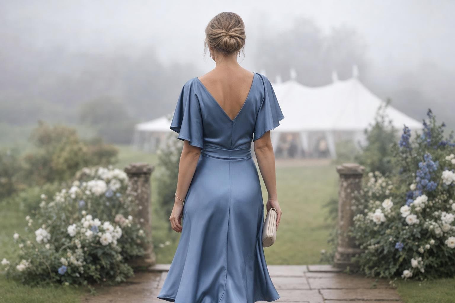 A woman seen from behind in an elegant dusty-blue midi dress with a small clutch, in soft garden light
