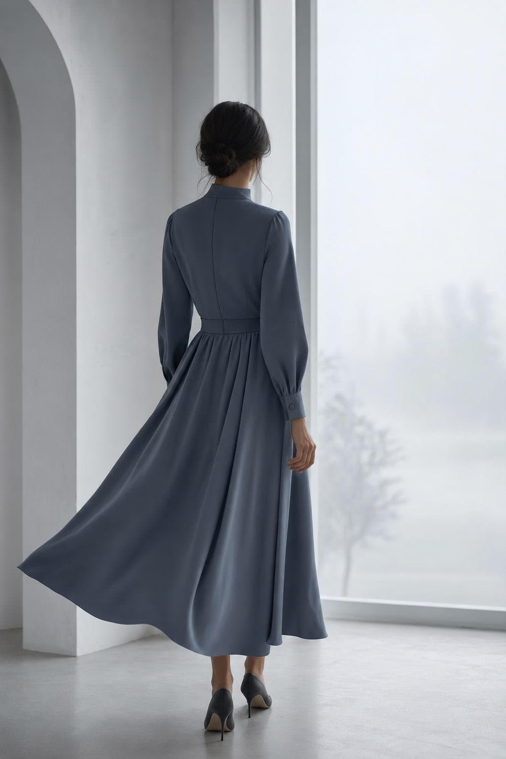 A woman seen from behind in an elegant slate-blue midi dress with long sleeves, by a tall bright window