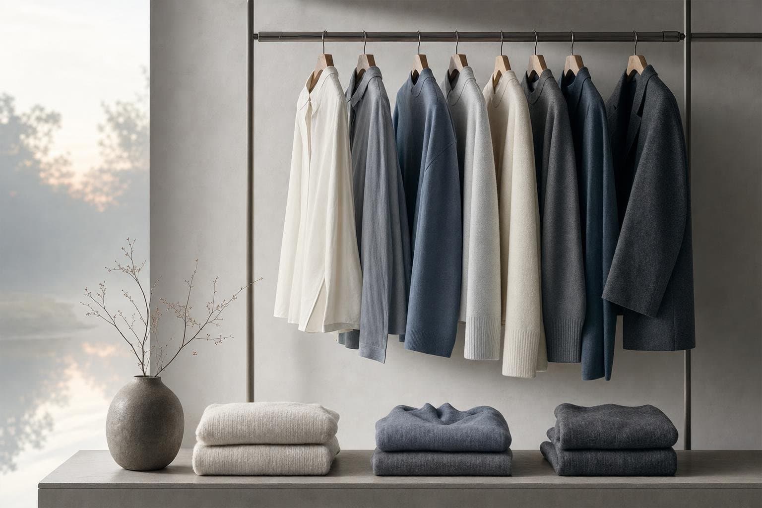 A neatly curated wardrobe rail of garments in muted cool tones with folded knitwear below